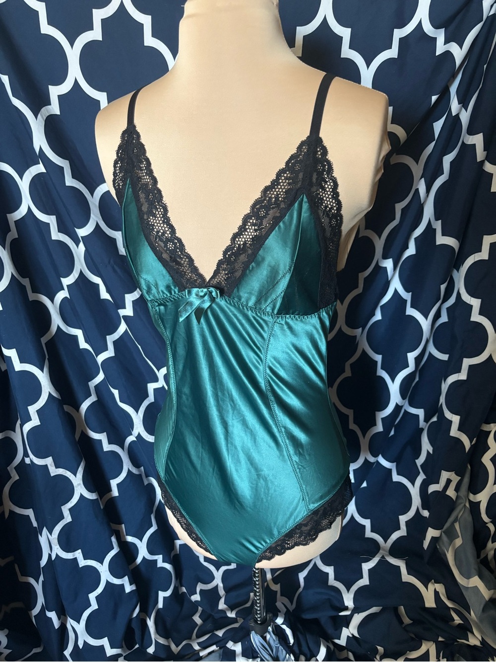 Teal Satin Lace-Trim Chemise Bodysuit